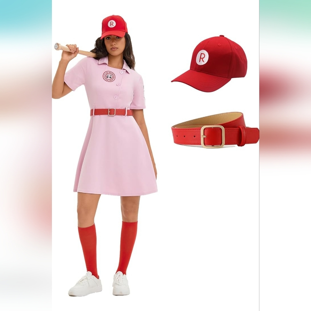 Pink Dress with Red Belt and Cap